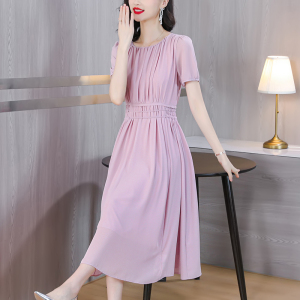 RM14042#雪纺连衣裙女2023年夏新款短袖圆领小众设计感减龄收腰气质长裙子