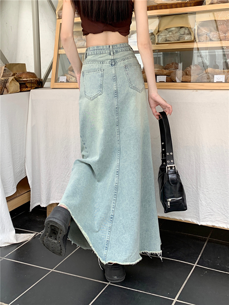 Actual shot and real price ~ Summer new style high-waisted slimming raw edge A-line denim half-length fishtail long skirt