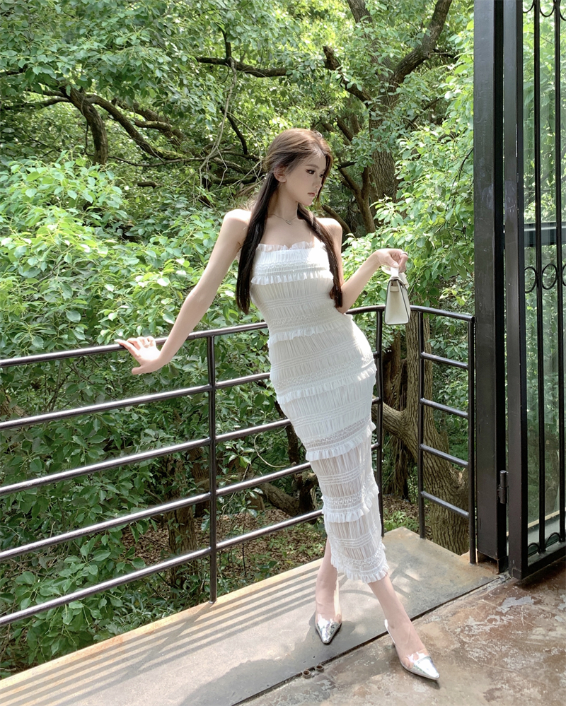 Chiffon semi-permeable 2 dress fine flash lace tube top strapless dress for women summer