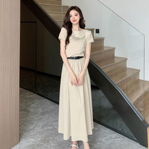 RM15729#休闲套装女夏2023新款时尚芭蕾风百搭短袖圆领短上衣半身裙两件套