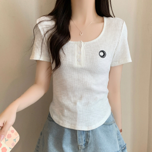 RM14124#夏季t恤上衣短袖修身白色纯欲显瘦圆领不规则设计感女洋气短款衫