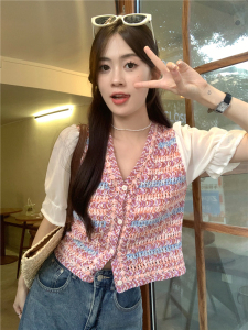 RM13748#泡泡袖拼接镂空针织衫设计感拼色甜美减龄单排扣短袖上衣