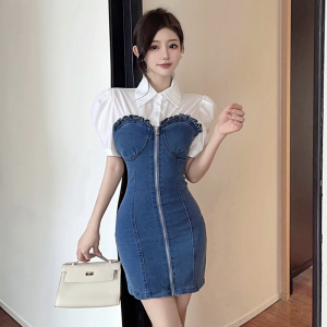 Real time personalized design with fake two shirt collar denim dress， new summer women's patchwork A-line skirt