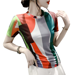 RM23867#夏季时尚纱网印花定位花短袖圆领修身显瘦洋气上衣潮
