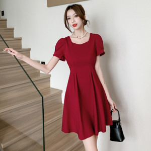 RM13296#红色连衣裙女夏款v领a字裙红裙黑色小个子时尚显瘦气质小短裙