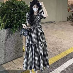 RM13740#连衣裙女学生短袖新款法式复古收腰显瘦格子女夏季中长裙