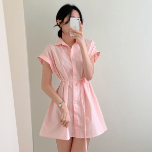 TR31734# 韩国chic法式简约衬衫绑带连衣裙女