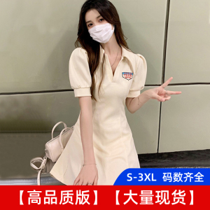 RM13534#美式复古polo领连衣裙子女夏季2023新款字母刺绣甜辣收腰显瘦短袖