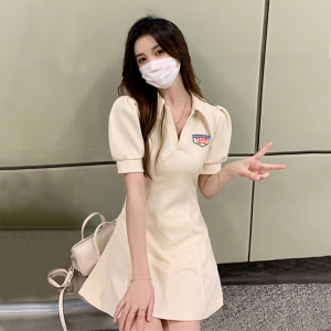RM13534#美式复古polo领连衣裙子女夏季2023新款字母刺绣甜辣收腰显瘦短袖