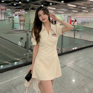 RM13534#美式复古polo领连衣裙子女夏季2023新款字母刺绣甜辣收腰显瘦短袖