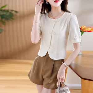 RM22067#夏季新款韩国气质复古衬衣圆领盘扣浮雕花短袖衬衫女上衣