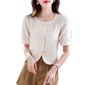 RM22067#夏季新款韩国气质复古衬衣圆领盘扣浮雕花短袖衬衫女上衣