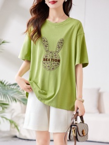 RM16206#绿色短袖T恤女2023新款欧货宽松半袖胖妹妹遮肚洋气减龄显瘦上衣