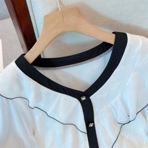 RM18098#夏季新款拼接荷叶边撞色V领气质雪纺衫