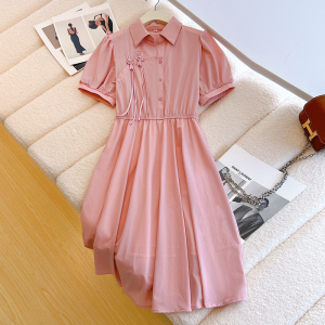 RM13209#夏季新款时尚短袖通勤衬衫裙气质洋气中国结新中式气质连衣裙