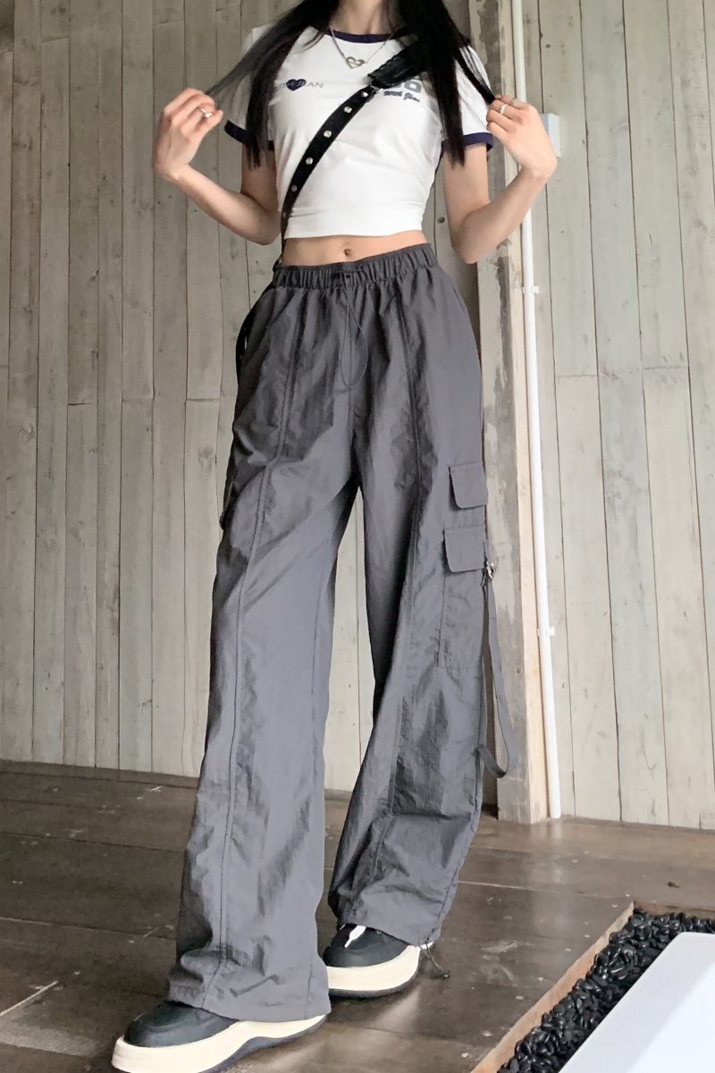 Real shot of parachute overalls for spring, loose drawstring wide legs and functional women's leggings