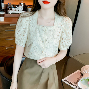 RM15588#夏季短袖蕾丝衫/雪纺衫方领泡泡袖单排扣衬衫
