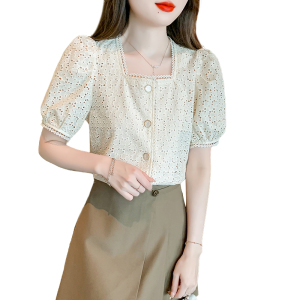 RM15588#夏季短袖蕾丝衫/雪纺衫方领泡泡袖单排扣衬衫