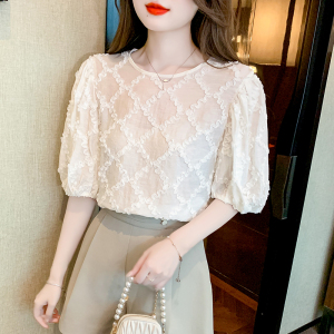 RM15589#蕾丝衫/雪纺衫套头夏季新款纯色泡泡袖短袖圆领甜美衬衫