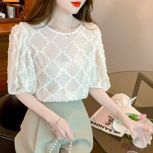 RM15589#蕾丝衫/雪纺衫套头夏季新款纯色泡泡袖短袖圆领甜美衬衫