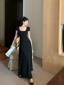 RM13202#高级感法式方领短袖修身收腰气质长款连衣裙裙子