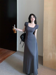 RM13202#高级感法式方领短袖修身收腰气质长款连衣裙裙子
