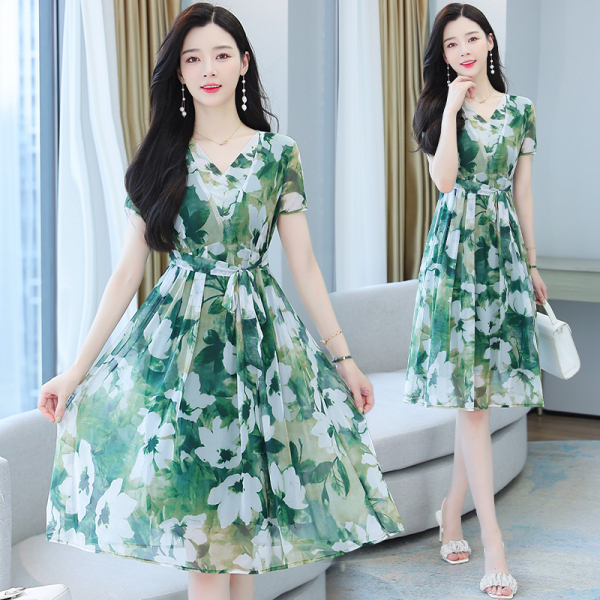 RM14590#夏季新款韩版修身显瘦蕾丝短袖连衣裙女中长款过膝百搭a字裙