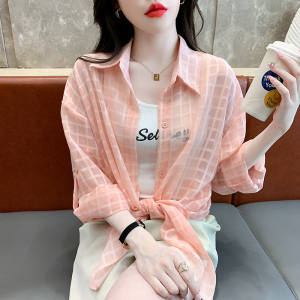 RM15952#冰丝防晒衣女夏季薄款2023新款吊带外搭开衫上衣格子防晒衬衫外套