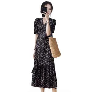 RM18596#连衣裙田园淑女标准X型荷叶边裙长裙短袖V领