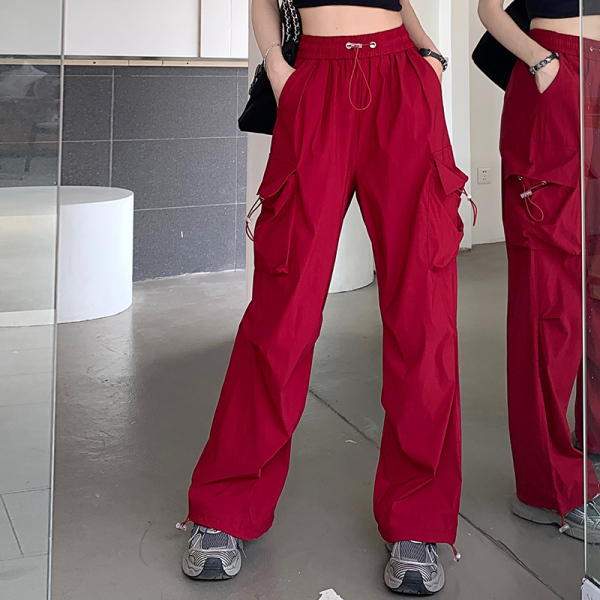 RM15603#红色降落伞工装裤夏季港风宽松抽绳阔腿束脚机能卫裤运动裤