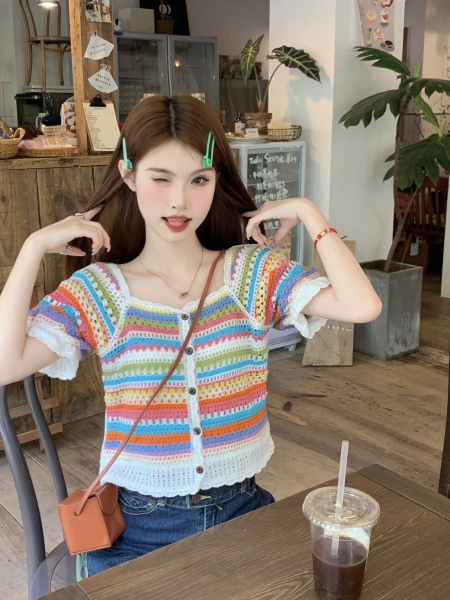 RM13749#彩虹色条纹方领针织开衫女夏季韩版显瘦网红超火小上衣