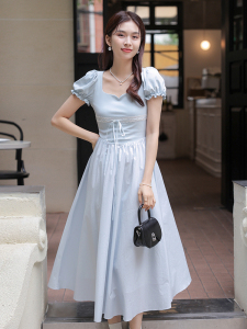 RM16970#方领泡泡袖梨甜醒冰点蓝芭蕾风针织拼接连衣裙女夏季新款长裙