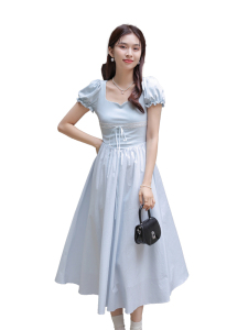 RM16970#方领泡泡袖梨甜醒冰点蓝芭蕾风针织拼接连衣裙女夏季新款长裙