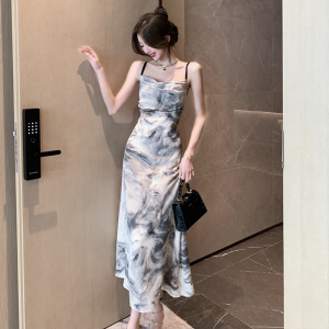 Vintage Tea Break New Chinese Ink Print Waist Wrapping Slim Open Back Strap Dress+Shawl Two Piece Set