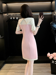 TR31765# 法式高端精致粉色连衣裙女夏季显瘦气质减龄娃娃领休闲t恤裙子