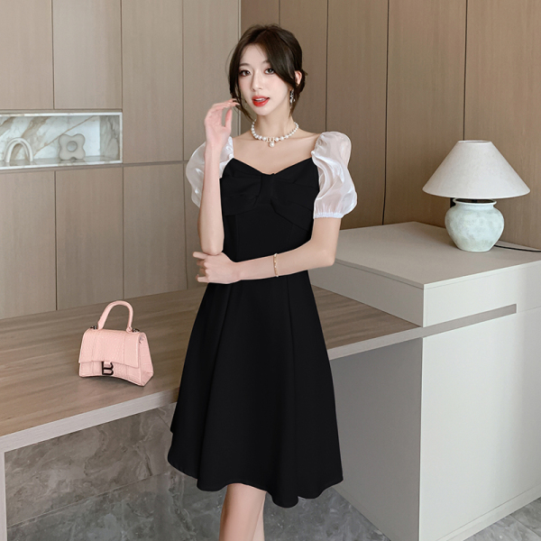 RM13244#小个子黑裙平时可穿登记日常法式缎面个子订婚礼服连衣裙夏