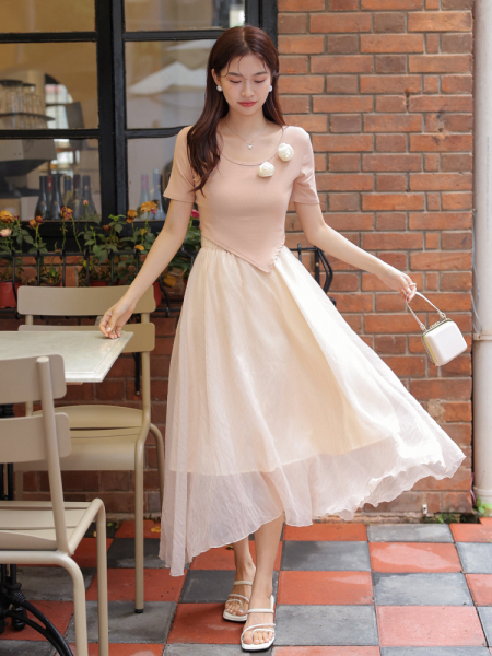 RM16969#设计感纯欲温柔花朵女夏季新款T恤高腰网纱半身裙显瘦两件套