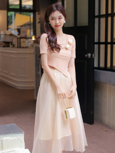 RM16969#设计感纯欲温柔花朵女夏季新款T恤高腰网纱半身裙显瘦两件套