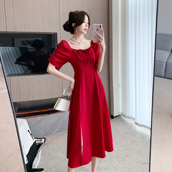 RM13251#红色泡泡袖方领法式茶歇气质裙2023夏季新款显瘦连衣裙女
