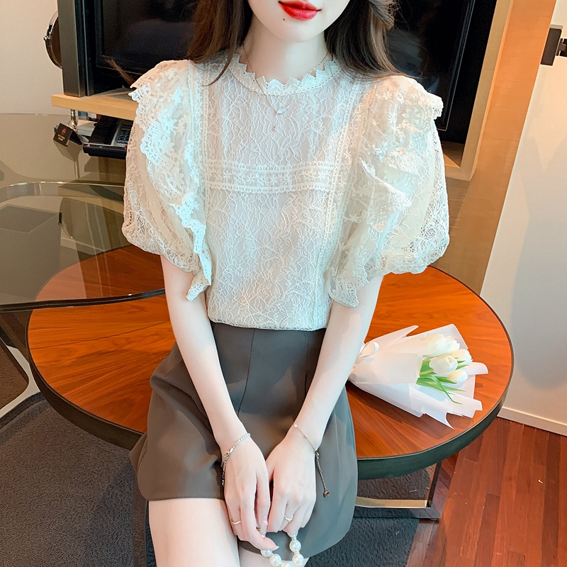 2026復古宮廷風泡泡袖襯衫設計感女超仙重工蕾絲小衫法式別致上衣