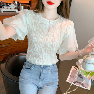 RM13460#韩版新中式国风盘扣泡泡袖雪纺衫夏法式甜美气质上衣女