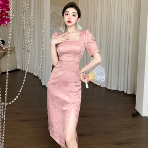 RM13919#夏季新款女神范修身显瘦方领新中式国风盘扣优雅开叉裙子