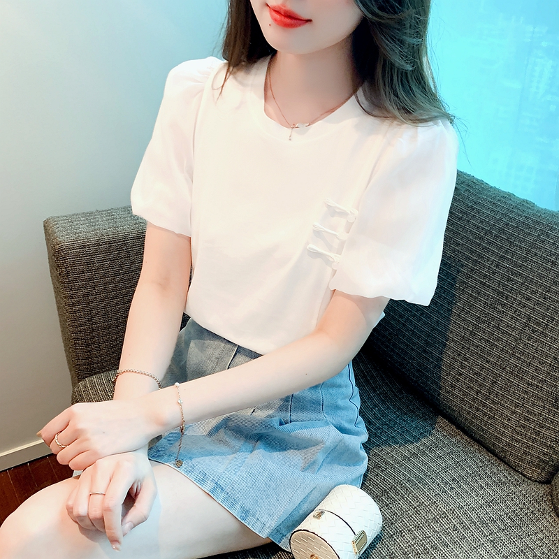 2026夏季新款韓版圓領寬松純色小眾設計感泡泡短袖襯衫甜美小衫女