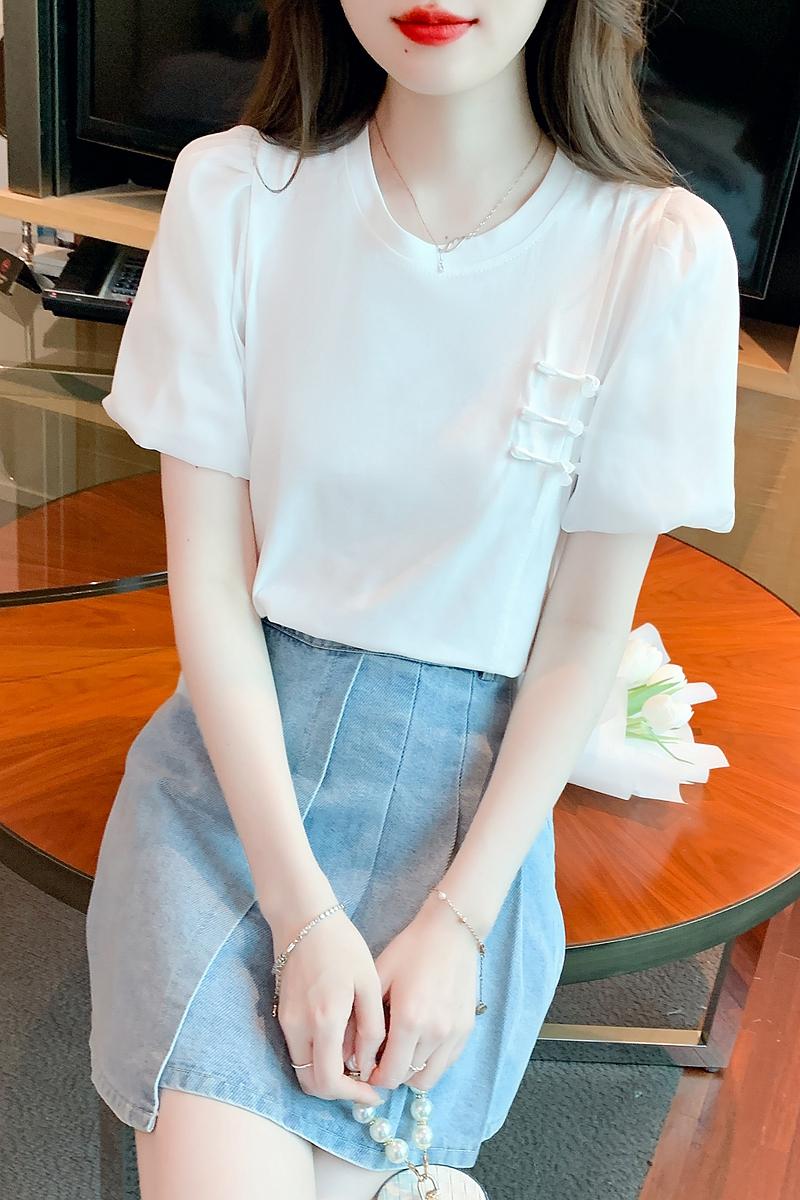 2026夏季新款韓版圓領寬松純色小眾設計感泡泡短袖襯衫甜美小衫女