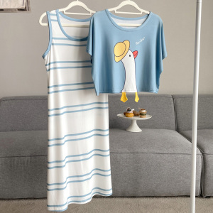 RM13592#睡裙女士短袖夏季薄款罗纹冰丝睡衣可爱家居服中长套装