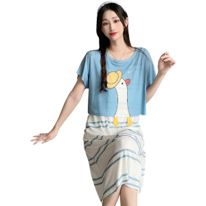 RM13592#睡裙女士短袖夏季薄款罗纹冰丝睡衣可爱家居服中长套装