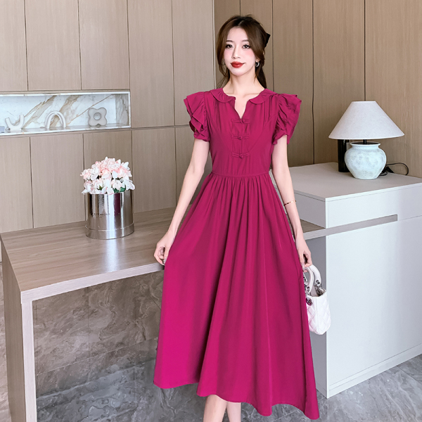 RM16972#夏季新款法式复古红色小飞袖收腰气质显瘦高级感a字连衣裙