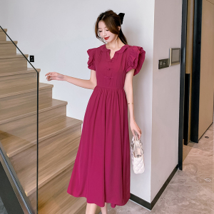RM16972#夏季新款法式复古红色小飞袖收腰气质显瘦高级感a字连衣裙