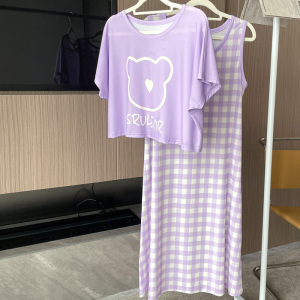 RM13593#睡裙女士短袖夏季薄款罗纹冰丝睡衣可爱家居服中长套装