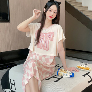 RM13594#睡裙女士短袖夏季薄款罗纹冰丝睡衣可爱家居服中长套装